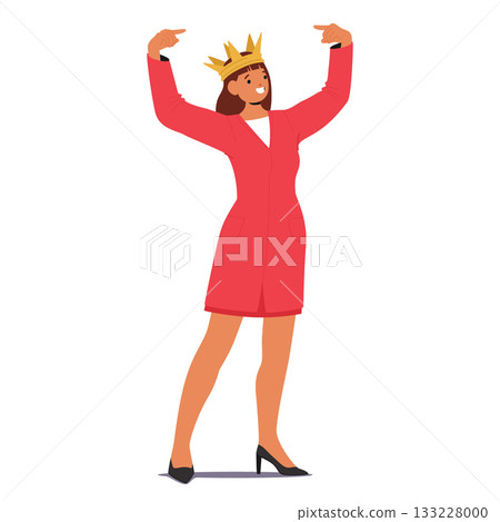 Woman cartoon character in elegant dress pointing at golden crown on her head isolated on white 133228000