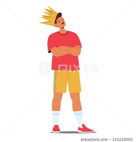 Teenage boy child cartoon character wearing golden crown standing isolated on white background 133228005