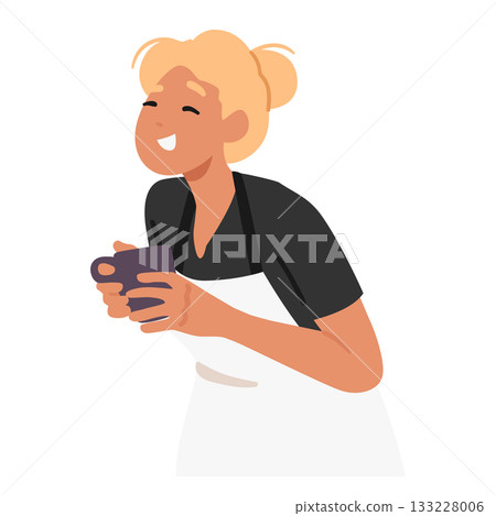 Happy smiling woman cartoon character wearing cook apron drinking coffee isolated on white 133228006