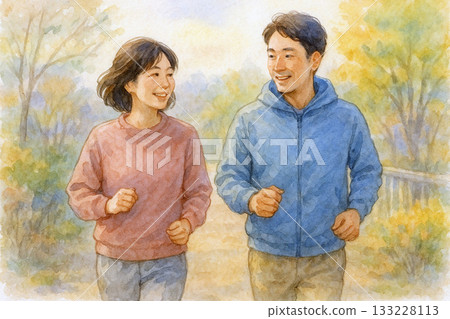 The lifestyle of a Japanese couple enjoying early morning jogging The lifestyle of a Japanese couple enjoying early morning jogging 133228113