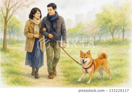 一對日本夫婦和一隻紅色的柴犬在初春時節漫步於公園中。 133228117