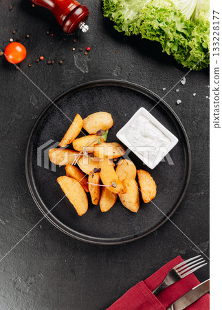 Crispy potato wedges with creamy herb dip on black plate, close up 133228177