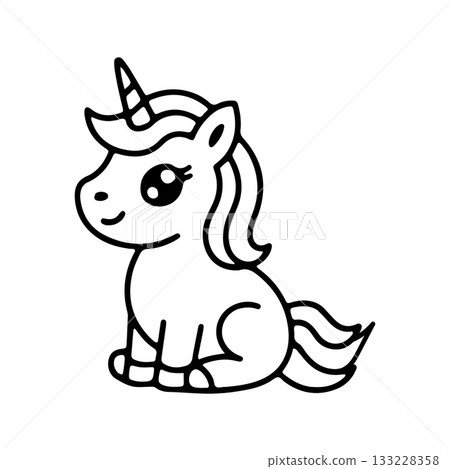 Cute unicorn with big eyes sitting on a white background ready for coloring fun Cute unicorn with big eyes sitting on a white background ready for coloring fun 133228358