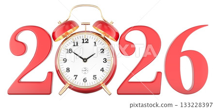 2026 New Year concept with red alarm clock. 3D rendering 2026 New Year concept with red alarm clock. 3D rendering 133228397