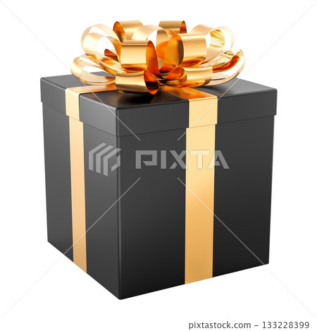 Black gift box with golden ribbon. Black Friday, concept. 3D rendering 133228399