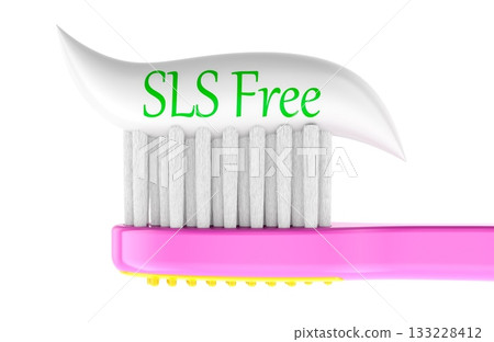 SLS free toothpaste on pink toothbrush. 3D rendering 133228412