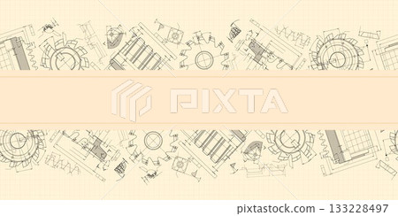 Mechanical engineering drawings on sepia background. Cutting tools, milling cutter. Technical Design. Cover. Blueprint. Horizontal seamless pattern. Vector illustration. 133228497