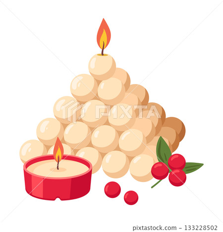 Cartoon xmas aromatic candle. Christmas wax candle, winter holidays cozy aroma decorated candle flat vector illustration. Xmas candle on white Cartoon xmas aromatic candle. Christmas wax candle, winter holidays cozy aroma decorated candle flat vector illustration. Xmas candle on white 133228502