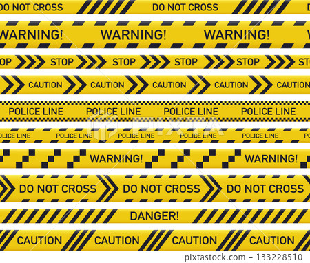 Crime scene yellow tapes. Caution yellow line, police danger lines and crime barriers flat vector illustration set. Police security area lines Crime scene yellow tapes. Caution yellow line, police danger lines and crime barriers flat vector illustration set. Police security area lines 133228510
