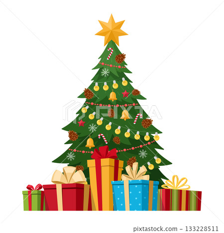 Decorated xmas green fur tree. Christmas tree with gift boxes, winter holidays evergreen tree decorated with ornaments and lights flat vector illustration. Cartoon Merry Christmas greeting card Decorated xmas green fur tree. Christmas tree with gift boxes, winter holidays evergreen tree decorated with ornaments and lights flat vector illustration. Cartoon Merry Christmas greeting card 133228511