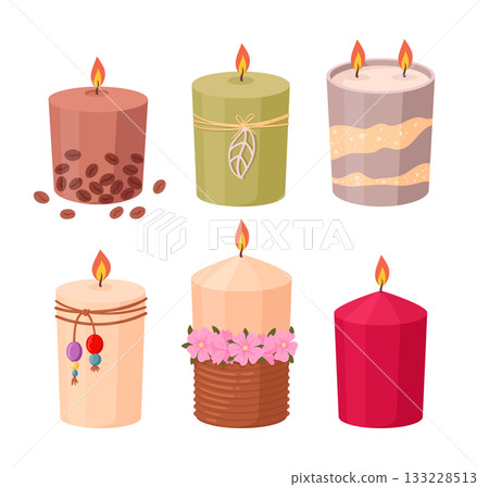 Wax candles. Cartoon decorated candles, cozy aroma candles flat vector illustration set. Candles decor on white Wax candles. Cartoon decorated candles, cozy aroma candles flat vector illustration set. Candles decor on white 133228513