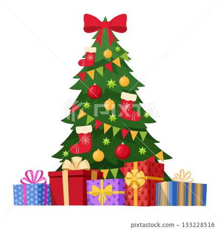 Xmas green fur tree. Decorated Christmas tree with gift boxes, winter holidays evergreen tree decorated with ornaments and lights flat vector illustration. Merry Christmas tree card Xmas green fur tree. Decorated Christmas tree with gift boxes, winter holidays evergreen tree decorated with ornaments and lights flat vector illustration. Merry Christmas tree card 133228516