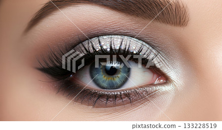 A high-detail, professional close-up photograph of a female eye with perfectly blended diamond eyeshadow, showcasing professional makeup artistry 133228519