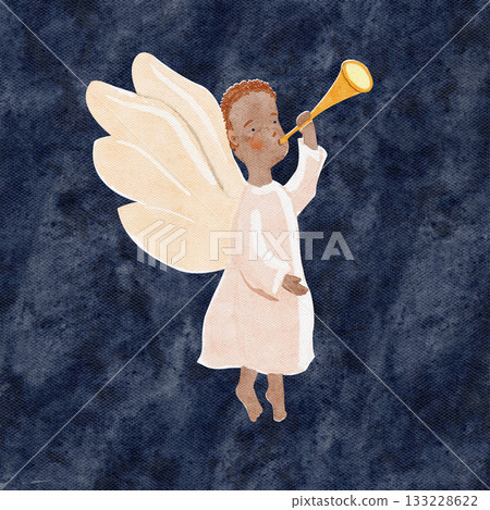 African angel with wings blowing a golden trumpet. Perfect for Christmas cards, decor, inclusive projects. Watercolor illustration on dark blue textured background. Diversity, holiday joy. African angel with wings blowing a golden trumpet. Perfect for Christmas cards, decor, inclusive projects. Watercolor illustration on dark blue textured background. Diversity, holiday joy. 133228622
