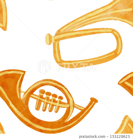 Brass horns in warm golden tones. Watercolor seamless pattern. Hand-painted musical design on white, perfect for festive wrapping paper, Christmas crafts, textiles, invitations, and creative projects 133228623