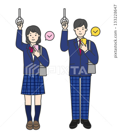 Illustration material of female and male students in uniforms holding onto straps 133228647
