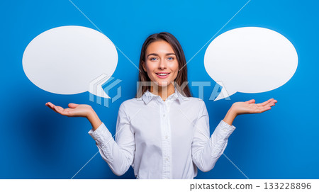 Communication concept image with a contemplative person and colorful hand-drawn speech bubbles Communication concept image with a contemplative person and colorful hand-drawn speech bubbles 133228896