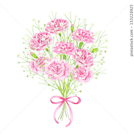 水彩風格的康乃馨和滿天星花束 133228925