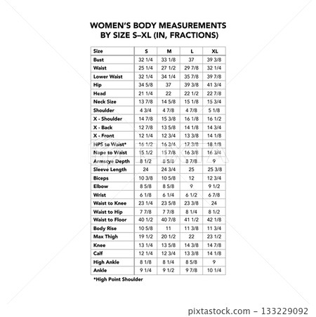 Women size inches fractions chart S M L XL measurements for bust, waist, hips, sleeve, shoulder, height guide. Standard 133229092