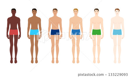 Set of male figure templates underwear skin color range front. Inclusive men silhouette for anatomy, diversity, fashion, Set of male figure templates underwear skin color range front. Inclusive men silhouette for anatomy, diversity, fashion, 133229093