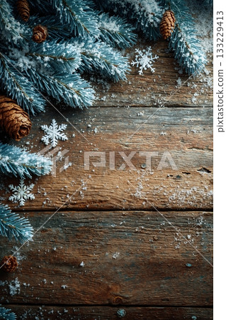 Rustic wooden background with snowy pine branches and snowflakes, textured backdrop Rustic wooden background with snowy pine branches and snowflakes, textured backdrop 133229413
