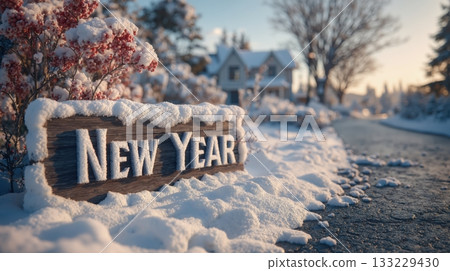 Snowy winter scene with new year sign, houses, frosty tree, path, and morning light 133229430