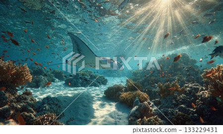 Manta ray glides through vibrant coral reef, stingray under sunlit ocean waters 133229431