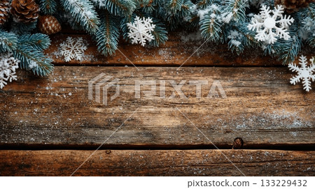 Wooden textured background with snowflakes and pine cones for winter and holiday seasonal decorations and celebrations 133229432