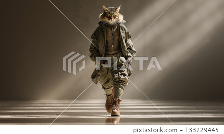 Fashionable cat in military attire walking on sunlit path in stylish outfit on empty background Fashionable cat in military attire walking on sunlit path in stylish outfit on empty background 133229445