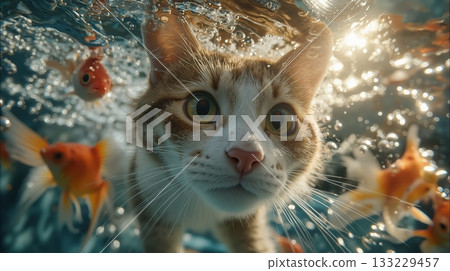 Curious cat swimming underwater surrounded by colorful fish in sunlit aqua blue pool exploring aquatic environment Curious cat swimming underwater surrounded by colorful fish in sunlit aqua blue pool exploring aquatic environment 133229457