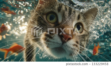 Curious cat explores aquarium underwater with goldfish fish in water creating bubbles and ripples 133229458