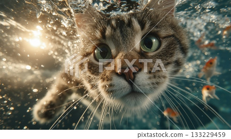 Swimming tabby cat underwater with fish, funny pet in a vibrant aquarium scene 133229459