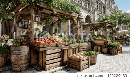 Rustic outdoor market with fresh vegetables, fruits, and wooden stalls in a european town square Rustic outdoor market with fresh vegetables, fruits, and wooden stalls in a european town square 133229483