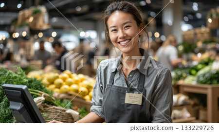 Smiling asian woman cashier in grocery store with fresh produce and busy background 133229726