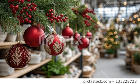 Red and gold christmas tree ornaments hanging on pine branches in festive holiday decorated home with blurred background 133229728