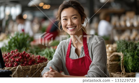 Smiling asian woman in red apron at farmers market surrounded by fresh produce 133229729