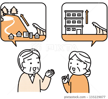 An elderly couple talking about evacuation in the event of a tsunami An elderly couple talking about evacuation in the event of a tsunami 133229877