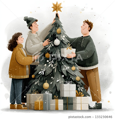 vector colleagues placing star on office christmas tree happy vector colleagues placing star on office christmas tree happy 133230646