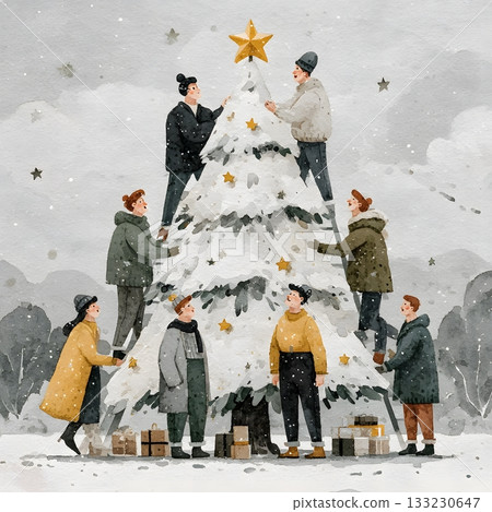 vector colleagues placing star on office christmas tree happy 133230647