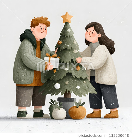 vector colleagues placing star on office christmas tree happy 133230648