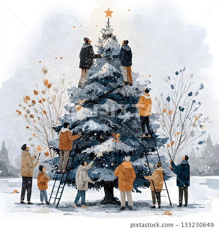 vector colleagues placing star on office christmas tree happy 133230649