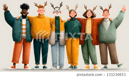 vector employees wearing reindeer antlers christmas celebration 133230651