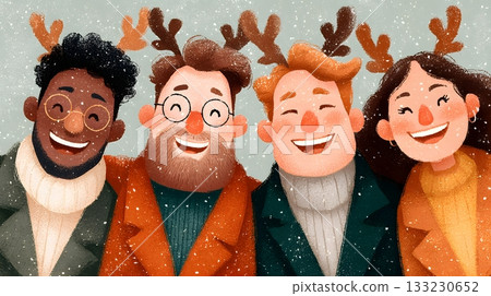 vector employees wearing reindeer antlers christmas celebration 133230652