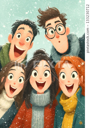 vector office group selfie with christmas background cheerful 133230712