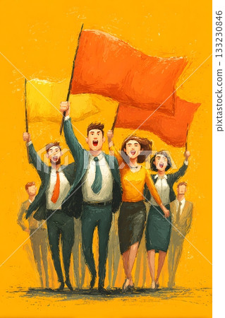 vector group of employees waving flags celebrating new year vector group of employees waving flags celebrating new year 133230846