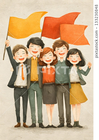 vector group of employees waving flags celebrating new year vector group of employees waving flags celebrating new year 133230848