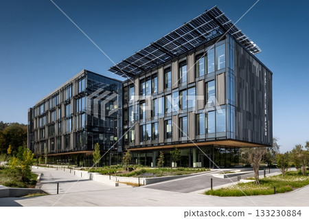 Smart eco futuristic building with solar shading system 133230884