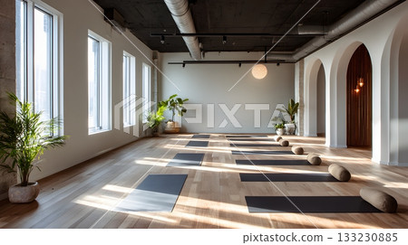 Modern yoga studio bright natural light clean interior 133230885