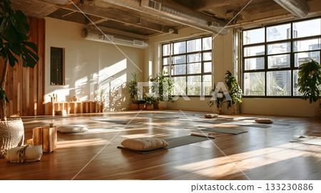 Modern yoga studio bright natural light clean interior 133230886