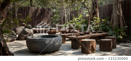 Wellness retreat spa outdoor natural clean setup 133230900